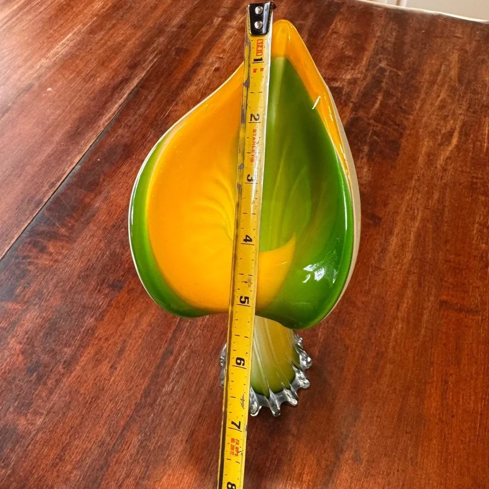 Vintage Hand‎ Blown Glass Calla Lily Vase Yellow Green Frosted Ribbed 11 Inch